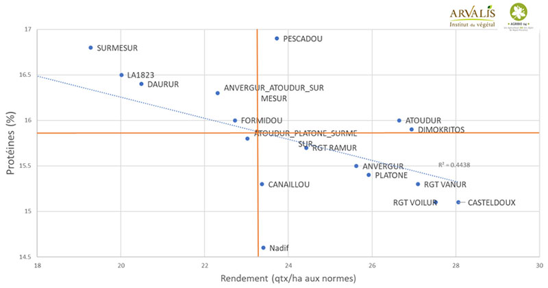 Figure 1 : Couple rendement/protéines des variétés de blé dur conduites en agriculture biologique –récolte 2022 – projet Biodur, essai de Dauphin (04)