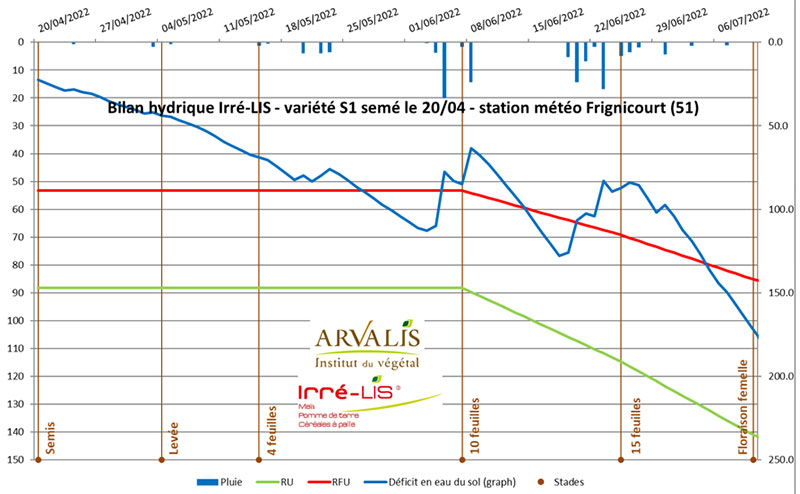 Bilan hydrique simulé avec Irré-LIS® pour un maïs fourrage de précocité S1 semé le 20 avril 2022 sur un limon franc (170 mm de réserve utile) avec les données de la station météo de Frignicourt (51)