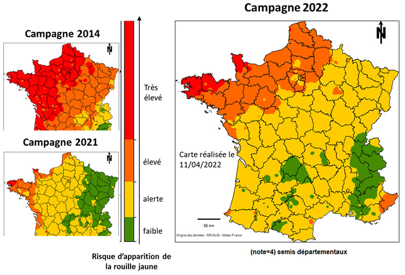 Comparaison entre les campagnes 2014, 2021 et 2022 du risque rouille jaune estimé par le modèle CRUSTY pour la semaine 15 (du 11 au 17 avril) pour une variété sensible (note de 4) à la rouille jaune