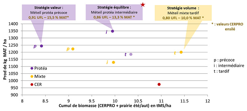 Relation entre la biomasse produite (en t MS/ha) et la protéine des méteils (en kg de matière azotée totale par hectare)