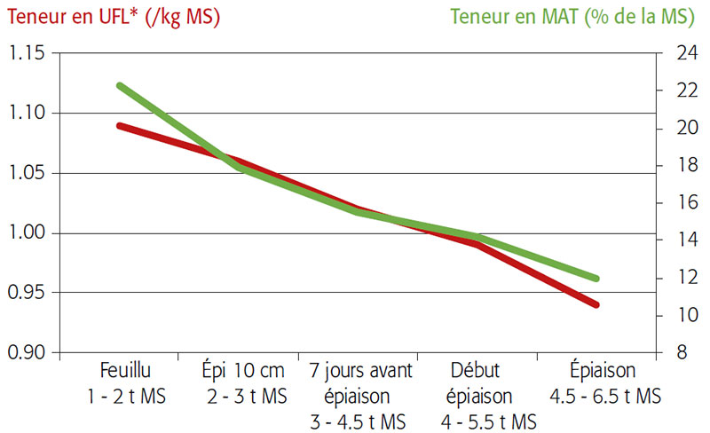 Evolution de la valeur énergétique (UFL) et de la teneur en protéines (MAT) du ray-grass anglais (1er cycle) selon le stade d’exploitation