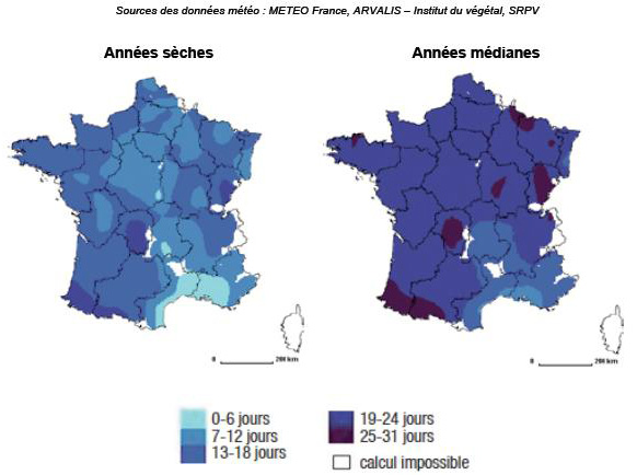 comparaison du nombre de jours disponibles pour la fertilisation azotee au mois de mars entre les annees seches et les annees normales a l'echelle de la France. Ces jours peuvent etre tres limites dans le sud de la France et dans les regions Centre en annees seches.