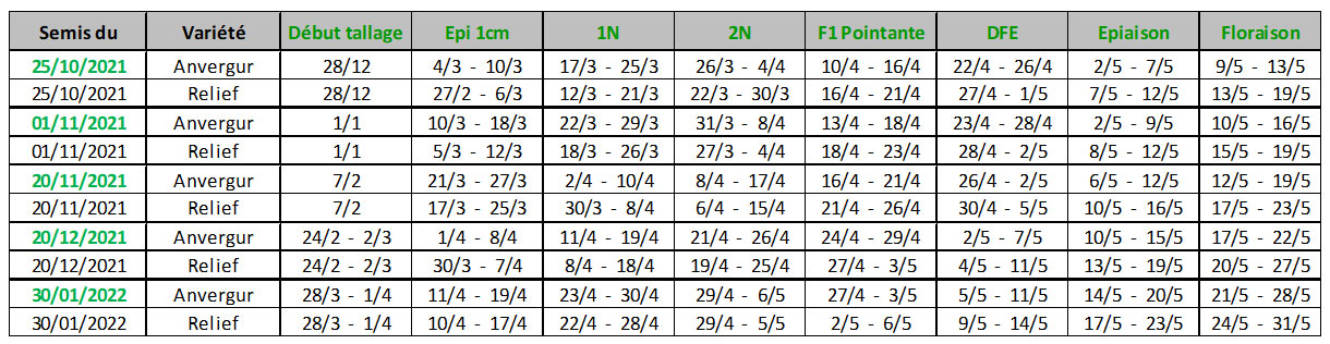 Prévisions des stades début tallage, épi 1 cm, 1 nœud, 2 nœuds, F1 pointante, épiaison et floraison avec des fréquentions de la station En Crambade au 10 février 2022