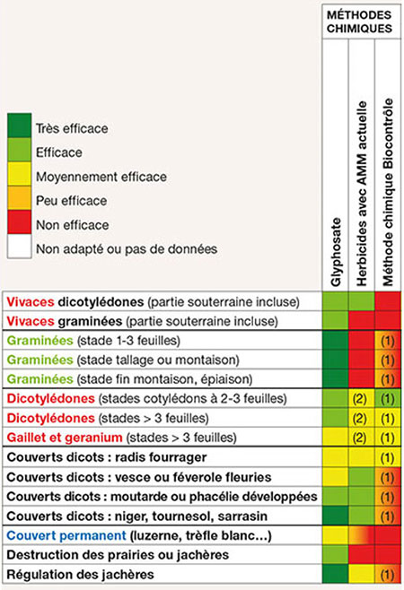 Efficacités comparées du glyphosate, des herbicides avec AMM actuelle et de l’acide pélargonique selon la flore ciblée