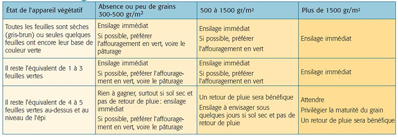Grille d’aide à la décision d’ensiler pour un maïs fourrage en situation de stress hydrique au stade lentille vitreuse au sommet des grains des couronnes, en fonction du nombre de grains estimé et de l’état de l’appareil végétatif