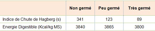 Valeur énergétique de 2 lots de blé germés