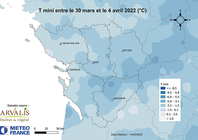 Températures minimales enregistrées entre le 30 mars et le 4 avril 2022