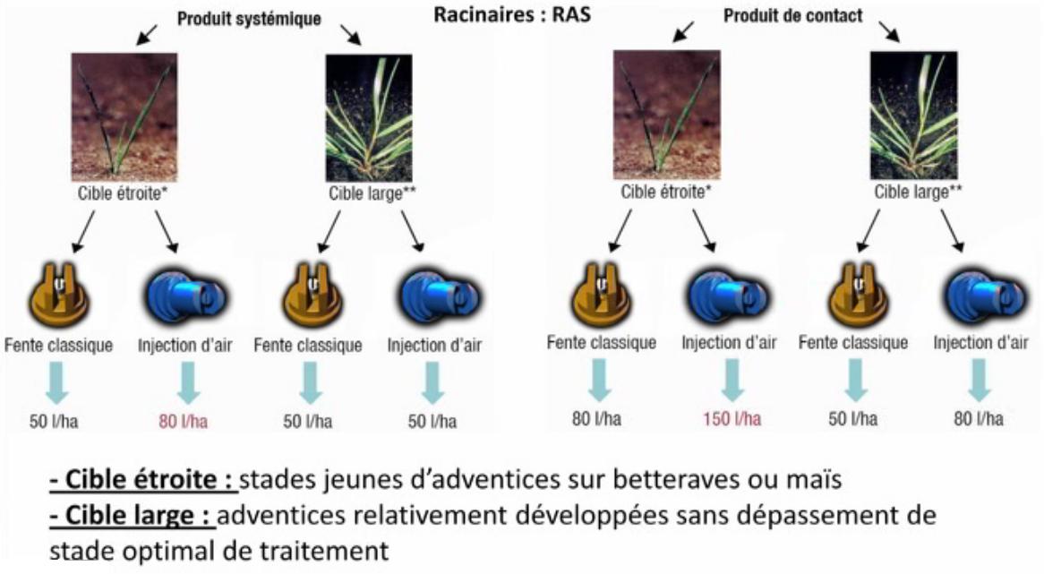 Traitement phytosanitaire. Volume de bouillie hectare minimal selon le type de buse et la largeur de la cible visée.