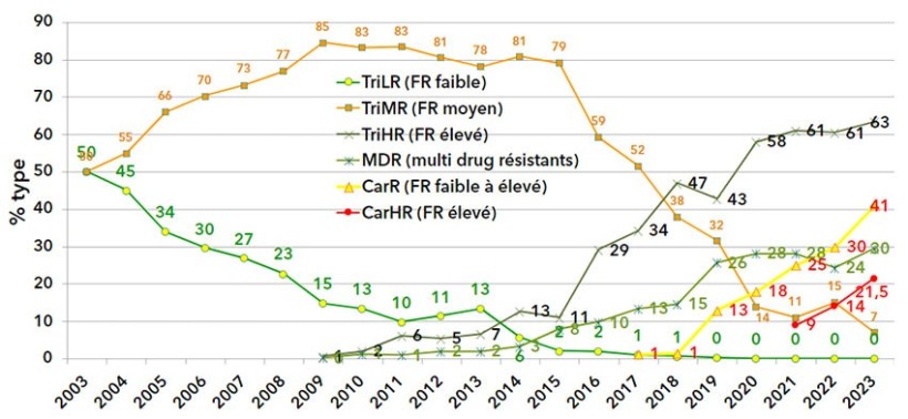 Figure 1 : Evolution des populations de septoriose en France selon leurs phénotypes de résistance observée dans les échantillons du Réseau Performance depuis 2009