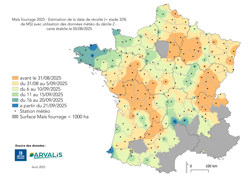 Estimation de la date de récolte (= stade 32% de MS)  avec utilisation des données météo du décile 2