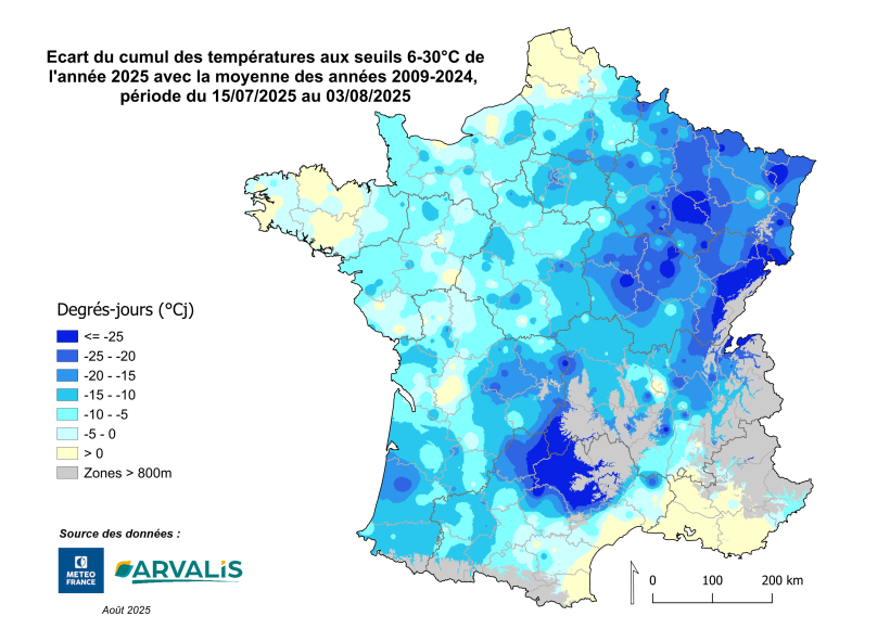 Ecart du cumul des températures aux seuils 6-30°C de l’année 2025 avec la moyenne des années 2009-2024, période du 15/07/2025 au 03/08/2025