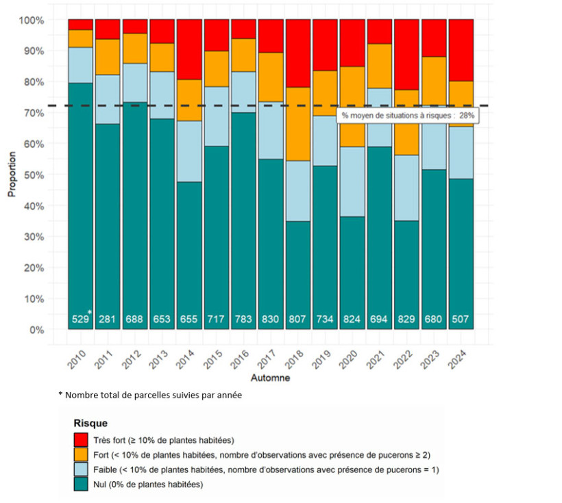 Figure 1 : Répartition des parcelles (en %) selon l’intensité de pucerons observés au cours des automnes de 2010 à 2024 à l’échelle nationale 