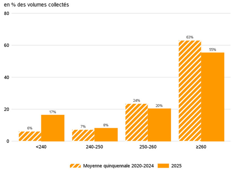 Figure 2 : Distribution de la collecte française de blé tendre en fonction de la note totale de panification – enquête FranceAgriMer/ARVALIS récolte 2025