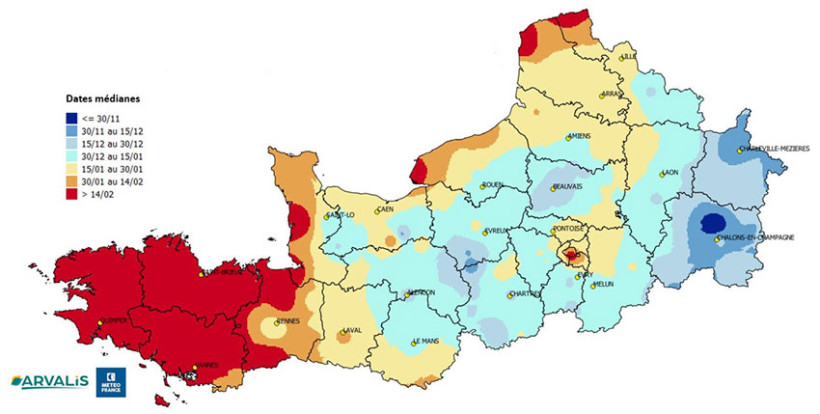 Carte 1 : Dates médianes d’apparition du gel (<-5°C) entre le 1er octobre et le 1er mars sur le bassin de production du lin (médiane 2004-2024)