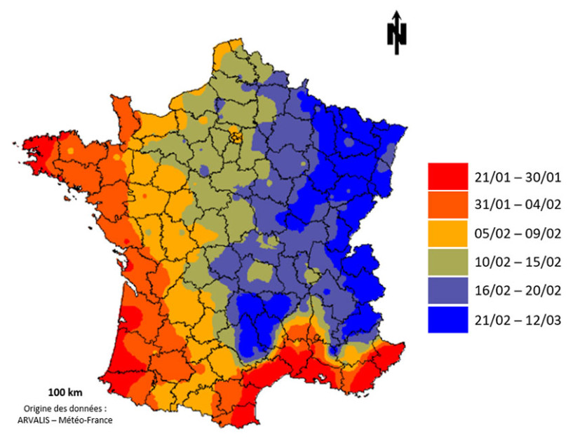 Carte 1 : Dates médianes (sur 20 ans : 2006-2025) pour cumuler 200 degrés-jours (base 0°C) depuis le 1er janvier