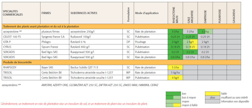 Tableau 1 : Efficacité et dose des traitements de plant et/ou du sol autorisés en France contre les maladies de présentation