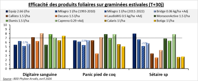 Figure 2 : efficacité des principaux herbicides foliaires face aux graminées estivales (efficacité observée 30j après application). Note≥7 : efficacité satisfaisante. (a) produits mono-substance : sulfonylurées en dégradé de bleu, tricétones en dégradé de brun. (b) produits associés « pluri-substance », incluant une sulfonylurée en dégradé de vert, sans sulfonylurée en dégradé de jaune.