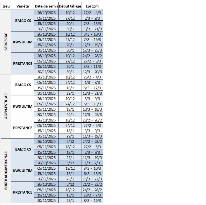 Tableau 1 : Dates prévisionnelles des stades début tallage et épi 1 cm en blé tendre selon la date de semis, la variété et la station
