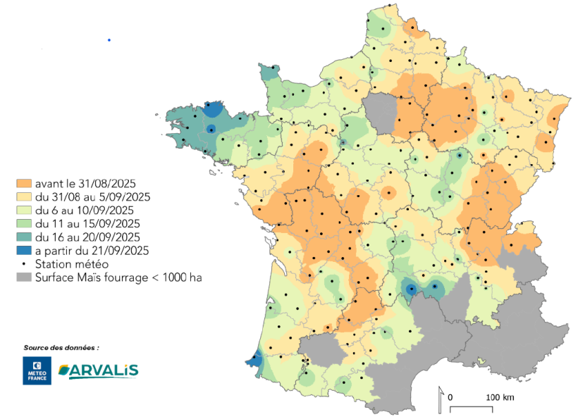 Estimation de la date de récolte (= stade 32% de MS)  avec utilisation des données météo du décile 2
