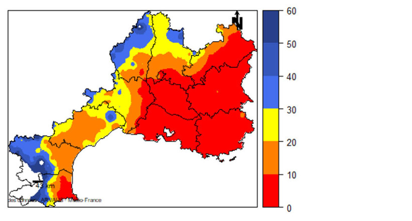 Carte 1 : Cumul de pluie (en mm) du 23/03/2026 au 20/04/2026 sur le pourtour Méditerranéen