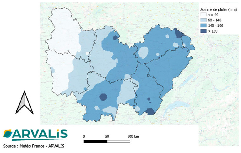 Carte 1 : Cumul de pluviométrie entre le 20 août et le 9 septembre 2025 en région Bourgogne-Franche-Comté