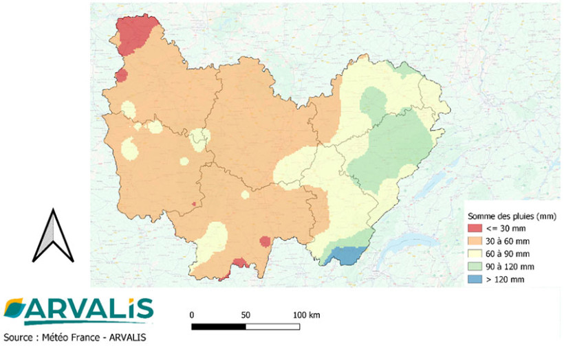 Carte 1 : Précipitations (mm) entre le 15 août et le 25 septembre 2026 en Bourgogne-Franche-Comté