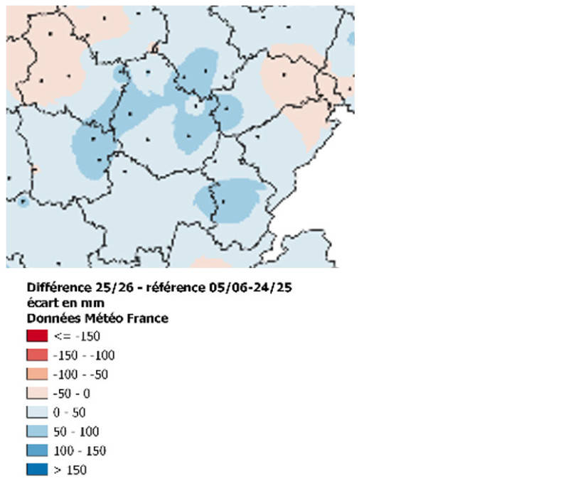 Carte 1 : Ecart (en mm) à la normale saisonnière sur 20 ans (2006/2025) des cumuls de pluie du 01/09/25 au 20/01/26 - Données Météo France