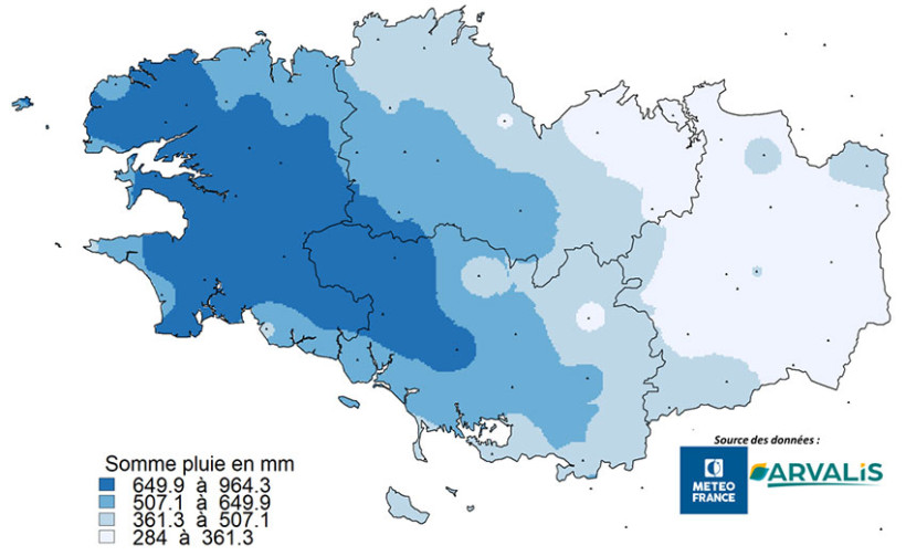 Carte 1 : Cumul des précipitations en Bretagne depuis le 1er octobre 2025
