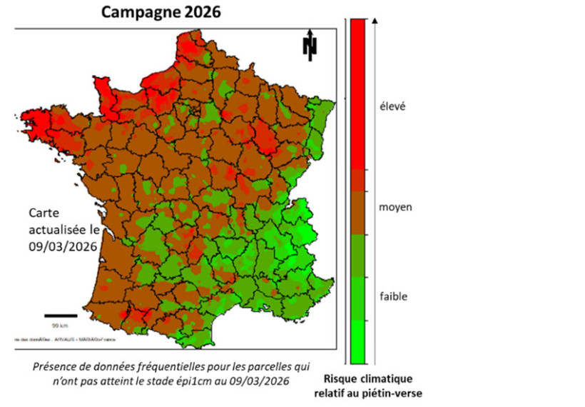 Carte 1 : Potentiel climatique de développement du piétin-verse prévu par le modèle TOP au stade épi 1 cm (précocités et dates de semis normales)