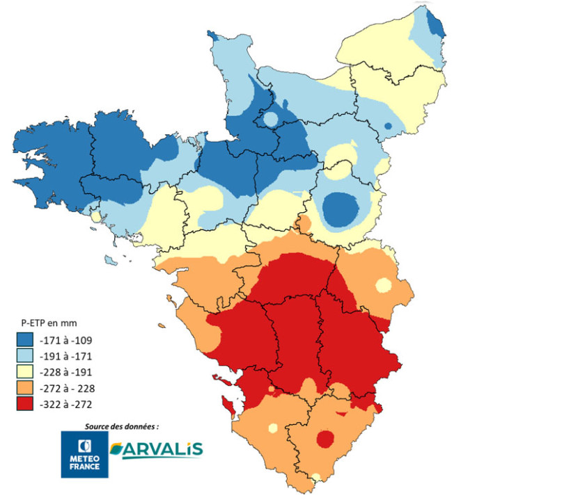 Carte 1 : Niveaux de P-ETP (Pluie-évapotranspiration potentielle) du 25 avril au 5 juillet 2026