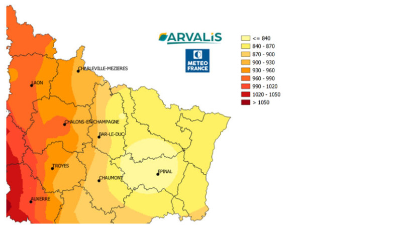 Carte 1 : Somme de températures base 0°C, du 1er octobre 2025 au 9 février 2026