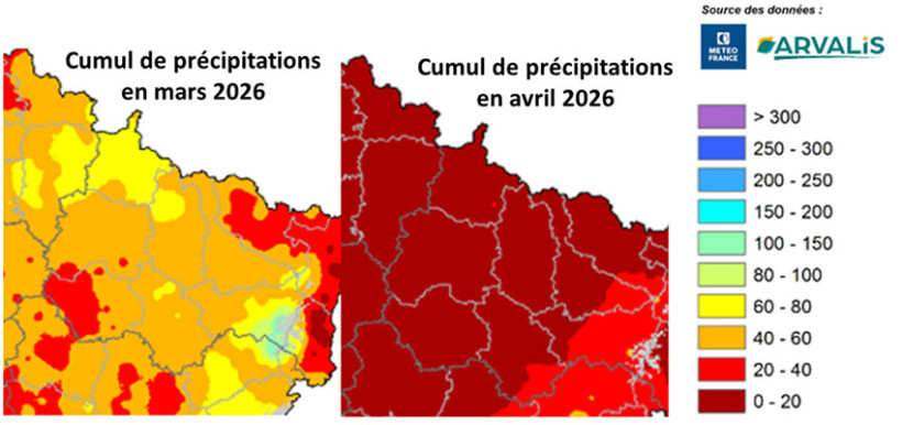 Carte 1 : Cumuls de pluies en mars et en avril 2026