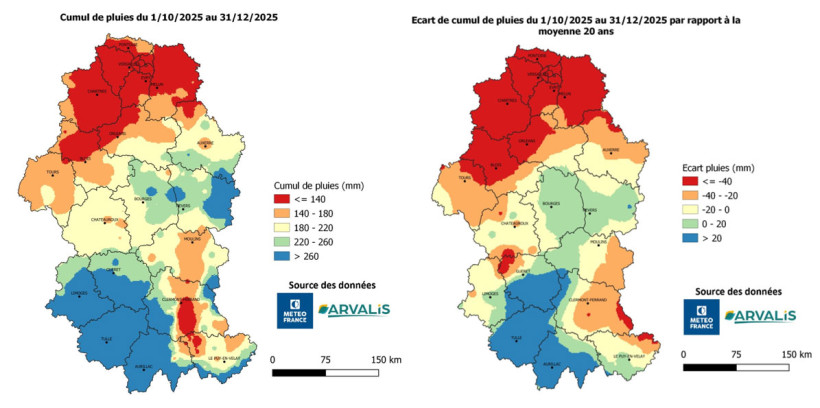 Cartes 1 et 2 : Cumuls de pluies du 1er octobre au 31 décembre 2025 et écarts par rapport à la moyenne sur 20 ans