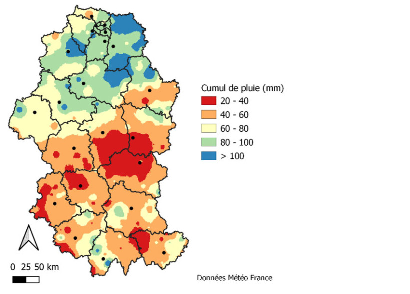 Carte 1 : Cumul de pluie en juillet 2025