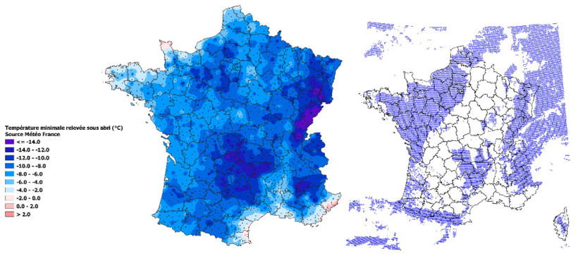 Carte 1 : Températures minimales extrêmes (en °C) mesurées sous-abri entre le 15/12/2025 et le 15/01/2026 (à gauche - données Météo France) ; présence d’au moins 3 cm de neige relevée entre les 5 et 11 janvier 2026 (à droite - source LSA-SAF)