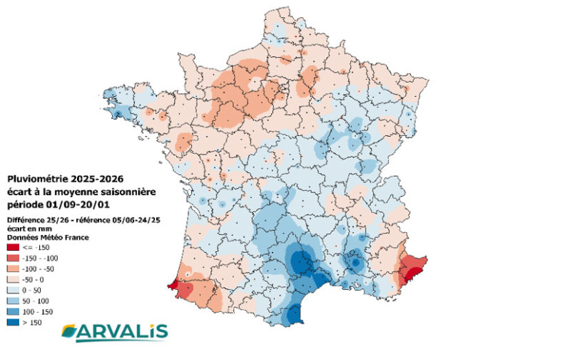 Carte 1 : Ecart à la moyenne des cumuls de précipitations par rapport à la référence 2005-2025 sur la période du 01/09/2025 au 20/01/2026