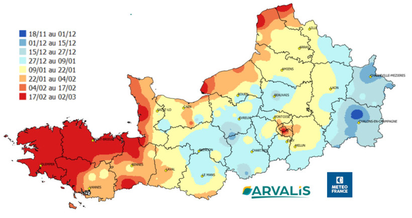 Carte 1 : Dates médianes d’apparition du gel sur le bassin de production du lin sur les 20 dernières années - Période du 1er octobre au 1er mars 