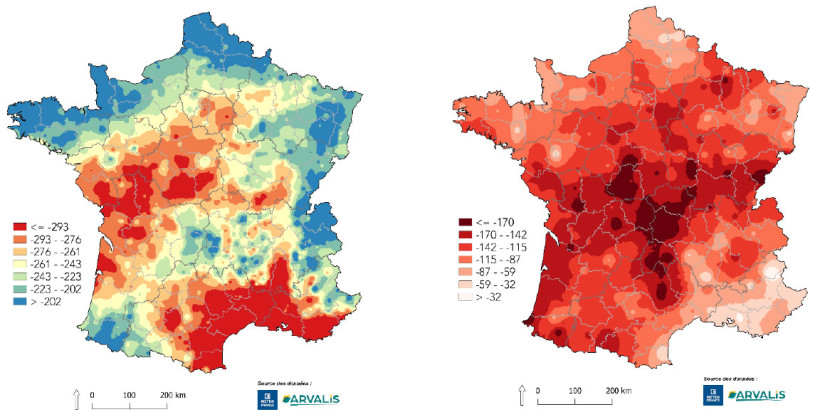 Carte 1 : déficit hydrique (en mm) observé entre le 1er juin et le 21 juillet 2026 (à gauche) et écart à la médiane 2006-2025 (à droite)