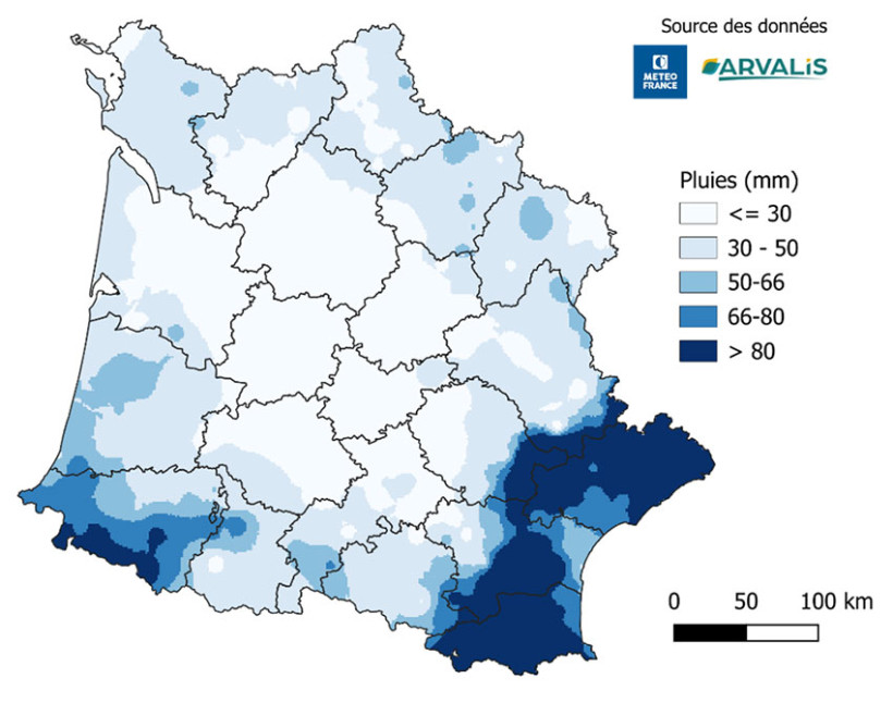 Carte 1 : Cumul de précipitations (en mm) enregistré entre le 1er et le 23 mars 2026 sur le sud-ouest de la France