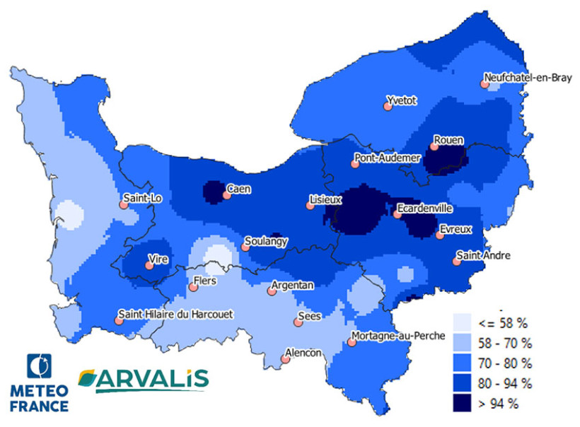 Carte 1 : Cumul de pluie en % de la médiane 20 ans entre le 1er août et le 30 septembre 2026