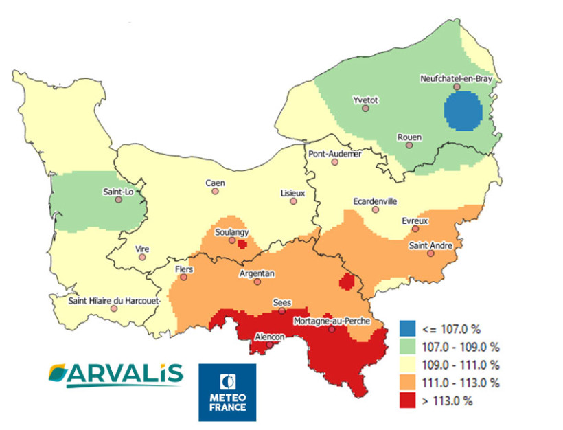 Carte 1 : Ecart de température entre le 1er juin 2025 et le 20 juillet 2025 en % de la médiane 20 ans