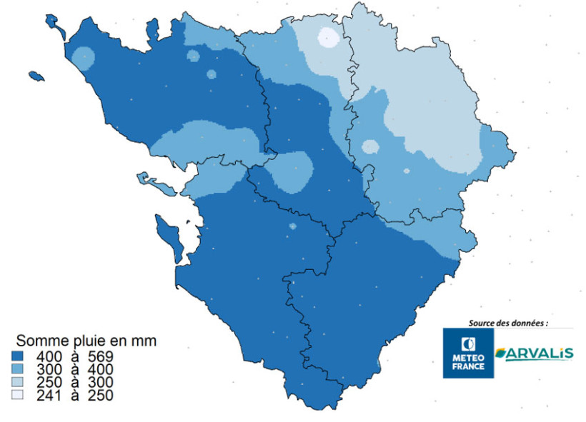 Carte 1 : Cumul de pluie depuis le 1er octobre 2025 permettant de se positionner par rapport à la grille prévisionnelle du risque soufre