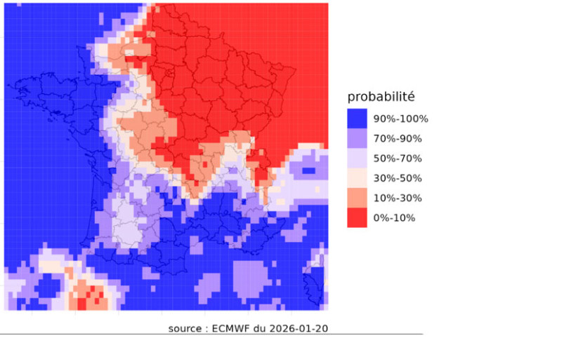 Carte 1 : Probabilité d’atteindre une somme de précipitations de 20 mm ou plus dans entre le 20 janvier et le 27 janvier 2026