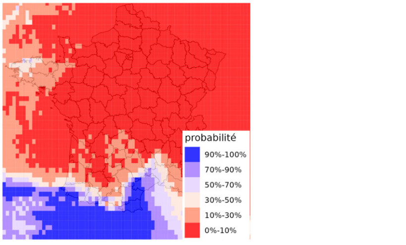 Carte 1 : Probabilité d’atteindre une somme de précipitation >= 15 mm dans les 7 prochains jours (03/03-10/03)