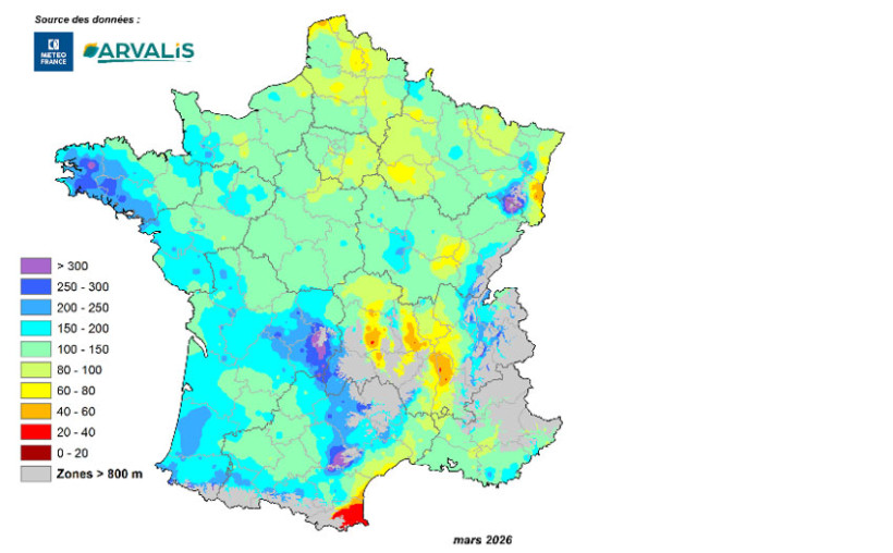 Carte 1 : Cumul de pluies (en mm) entre le 1er et le 28 février 2026