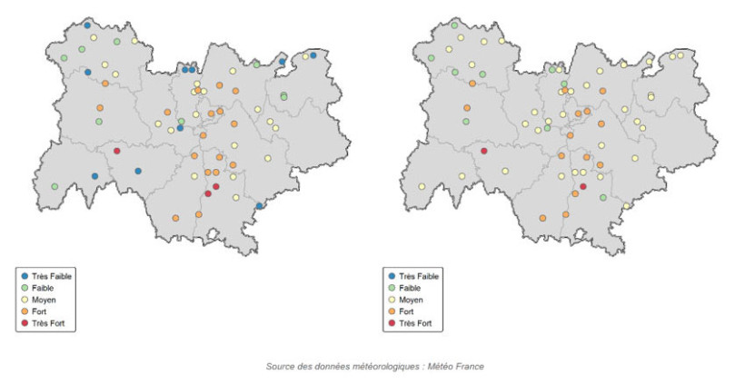 Cartes 1 et 2 : Evaluation du risque pucerons (à gauche) et écart à la médiane (2012-2024) (à droite) pour un semis du 5 octobre 2025 – données météo acquises jusqu’au 1er décembre 2025