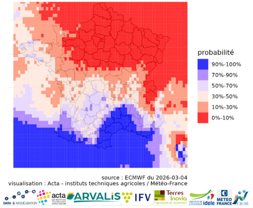 Carte 1 : Probabilité d’atteindre un cumul de précipitations supérieur ou égal à 15 mm du 4 au 11 mars
