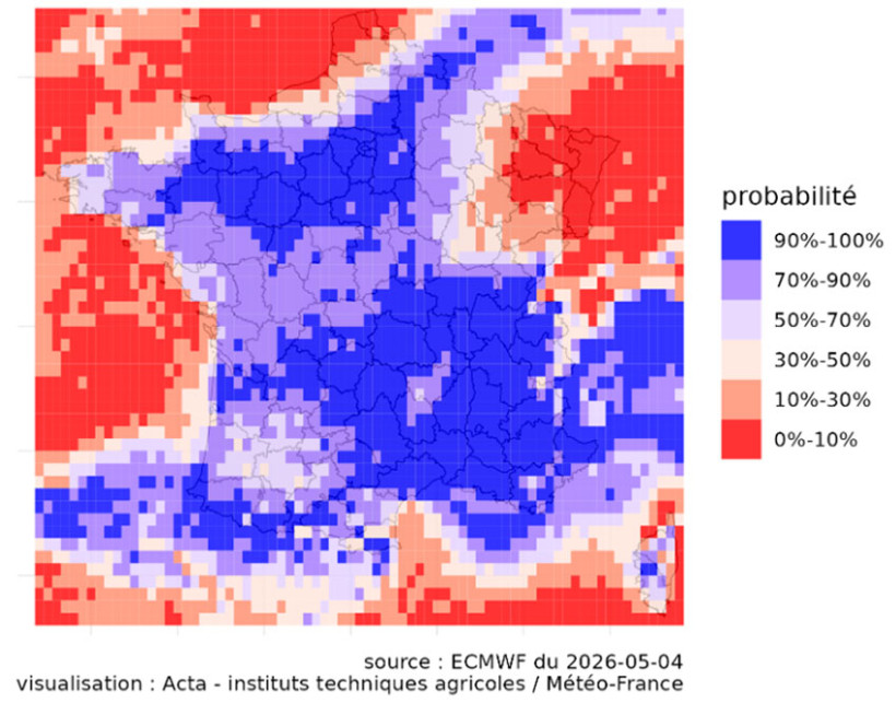Carte 1 : Probabilité que la somme des pluies soient supérieures ou égales à 30 mm sur 7 jours – Période du 4 mai au 11 mai 2026