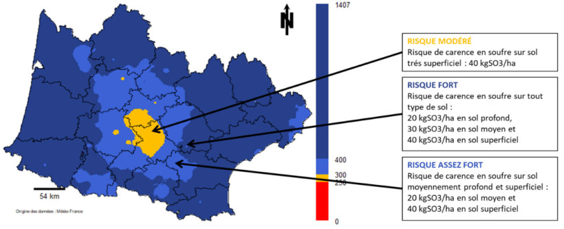 Carte 1 : Evaluation du risque de carence en soufre selon le cumul de pluies réelles (mm) entre le 1er octobre 2025 et le 7 février 2026 puis le cumul de pluies médianes (mm) entre le 8 février 2026 et le 1er mars 2026