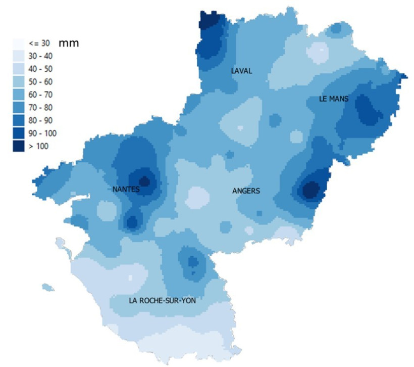 Carte 1 : cumuls de précipitations dans les Pays-de-la-Loire du 1er juillet au 10 aout 2025